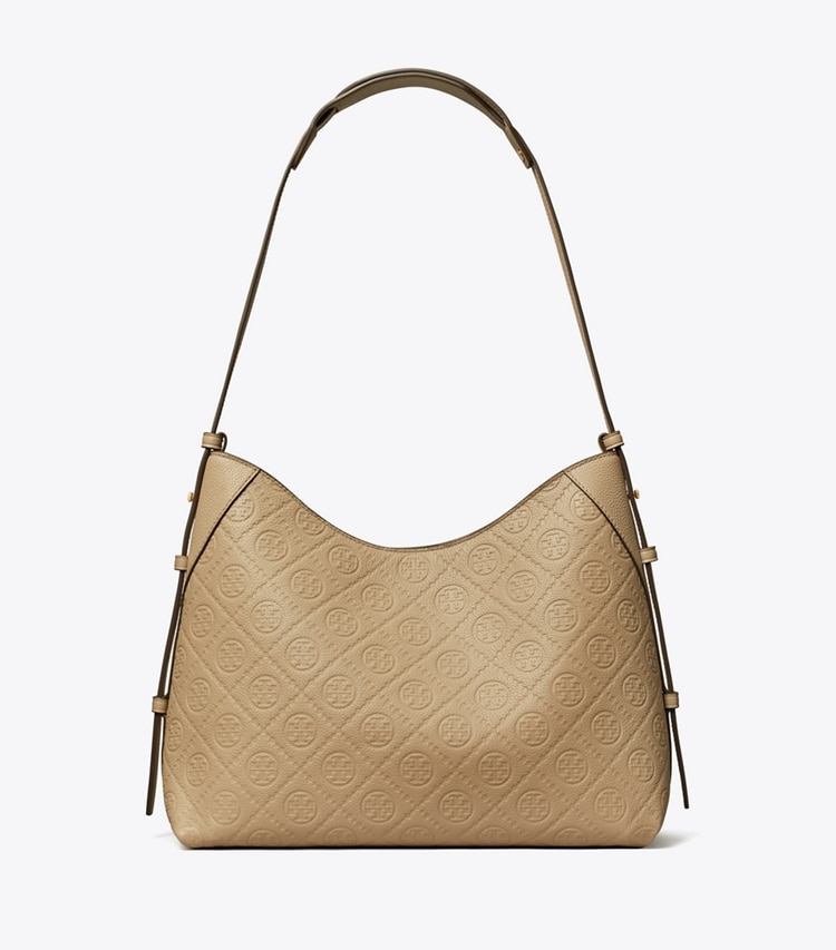 Tory Burch designer ショルダーバッグ Tモノグラム ペブルド メッセンジャーバッグ in Fresh Clay front