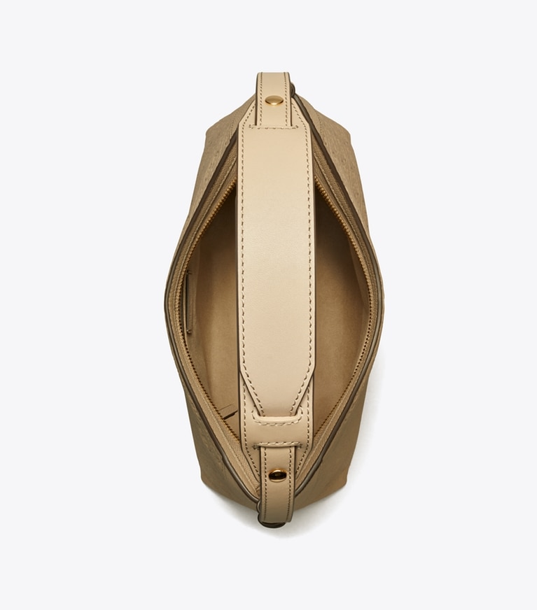 Tory Burch designer ショルダーバッグ Tモノグラム ペブルド メッセンジャーバッグ in Fresh Clay angle