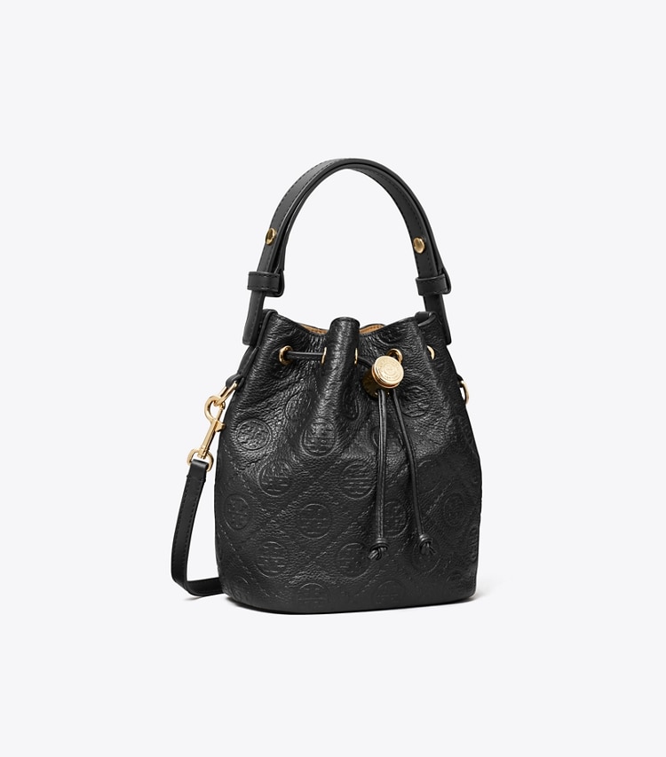 Tory Burch designer crossbody bags T Monogram Pebbled Mini Bucket Bag in Black angle