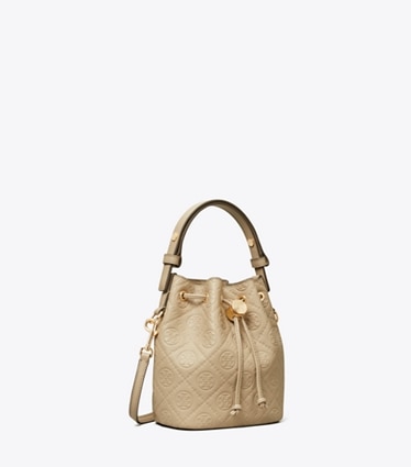 Tory Burch designer クロスボディバッグ Tモノグラム ペブルド ミニバケットバッグ in Fresh Clay angle
