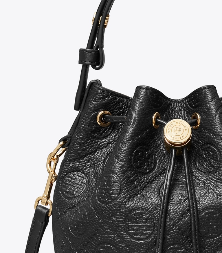 Tory Burch designer crossbody bags T Monogram Pebbled Mini Bucket Bag in Black angle