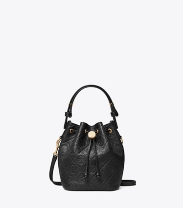 Tory Burch designer crossbody bags T Monogram Pebbled Mini Bucket Bag in Black front
