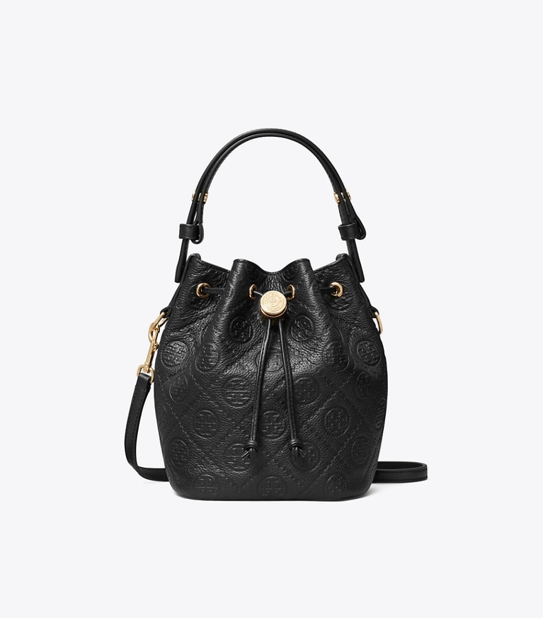 Tory Burch designer crossbody bags T Monogram Pebbled Mini Bucket Bag in Black angle