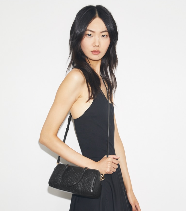 Tory Burch designer crossbody bags T Monogram Pebbled Petite Barrel Bag in Black angle