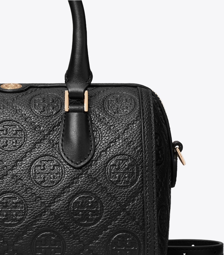 Tory Burch designer crossbody bags T Monogram Pebbled Petite Barrel Bag in BLACK detail