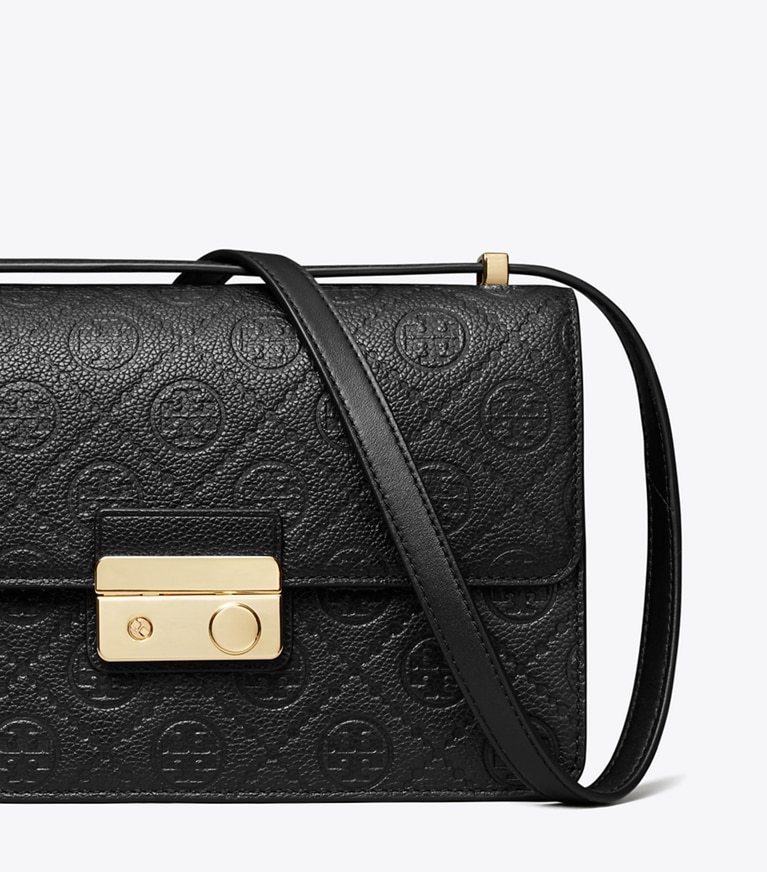 Tory Burch designer shoulder bags T Monogram Pebbled Shoulder Bag in Black angle