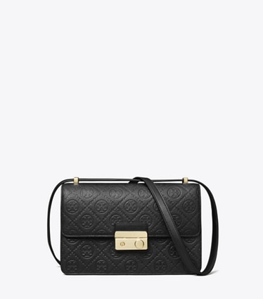 Tory Burch designer shoulder bags T Monogram Pebbled Shoulder Bag in Black front