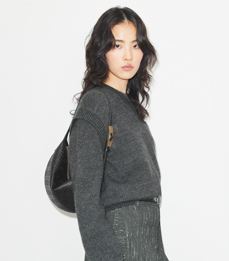 Tory Burch designer shoulder bags T Monogram Pebbled Small Balloon Bag in Black angle