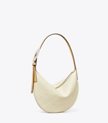 Tory Burch designer ショルダーバッグ Tモノグラム ペブルド スモール バルーンバッグ in Warm White angle