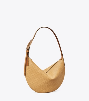 Tory Burch designer ショルダーバッグ Tモノグラム ペブルド スモール バルーンバッグ in Biscotti angle