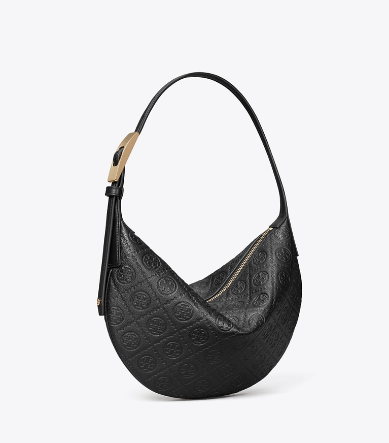 Tory Burch designer shoulder bags T Monogram Pebbled Small Balloon Bag in Black angle