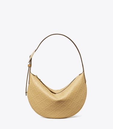 Tory Burch designer shoulder bags T Monogram Pebbled Small Balloon Bag in Biscotti front