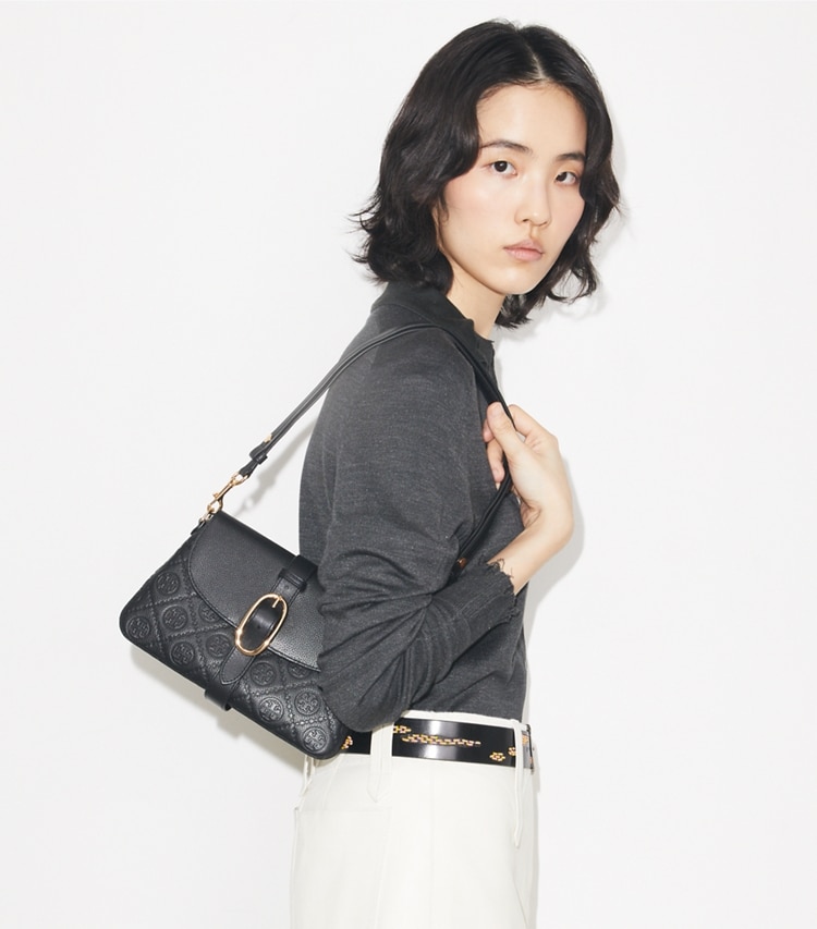 Tory Burch designer shoulder bags T Monogram Pebbled Soft Small Shoulder Bag in BLACK accessory on model