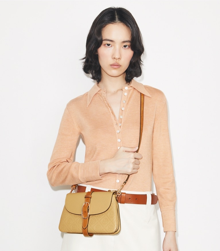 Tory Burch designer shoulder bags T Monogram Pebbled Soft Small Shoulder Bag in Biscotti additional on model