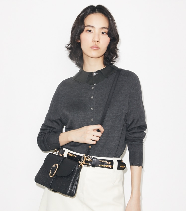 Tory Burch designer shoulder bags T Monogram Pebbled Soft Small Shoulder Bag in BLACK additional on model