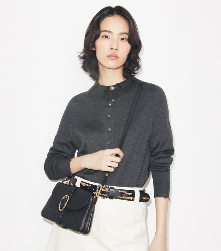 Tory Burch designer shoulder bags T Monogram Pebbled Soft Small Shoulder Bag in BLACK additional on model