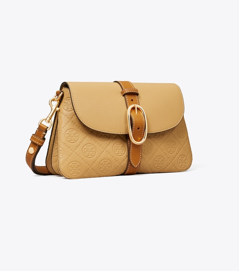 Tory Burch designer shoulder bags T Monogram Pebbled Soft Small Shoulder Bag in Biscotti angle