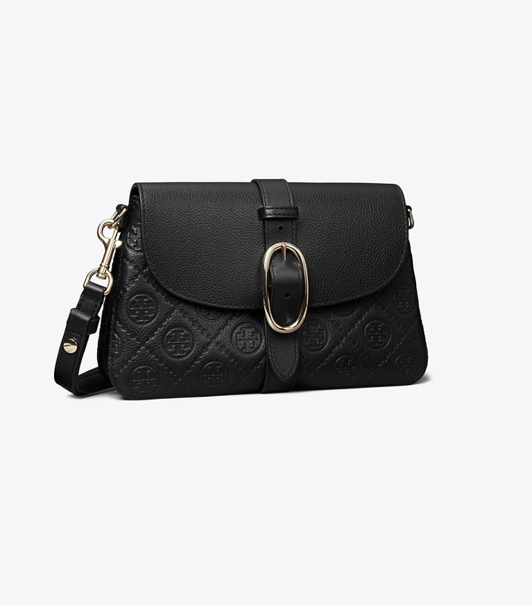Tory Burch designer shoulder bags T Monogram Pebbled Soft Small Shoulder Bag in BLACK angle
