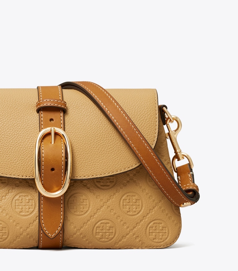 Tory Burch designer shoulder bags T Monogram Pebbled Soft Small Shoulder Bag in Biscotti detail