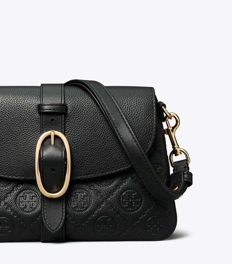 Tory Burch designer shoulder bags T Monogram Pebbled Soft Small Shoulder Bag in BLACK detail