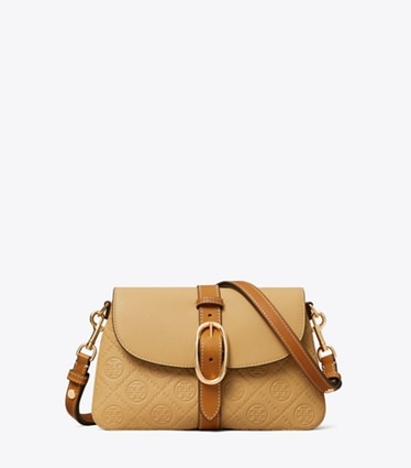Tory Burch designer shoulder bags T Monogram Pebbled Soft Small Shoulder Bag in Biscotti front
