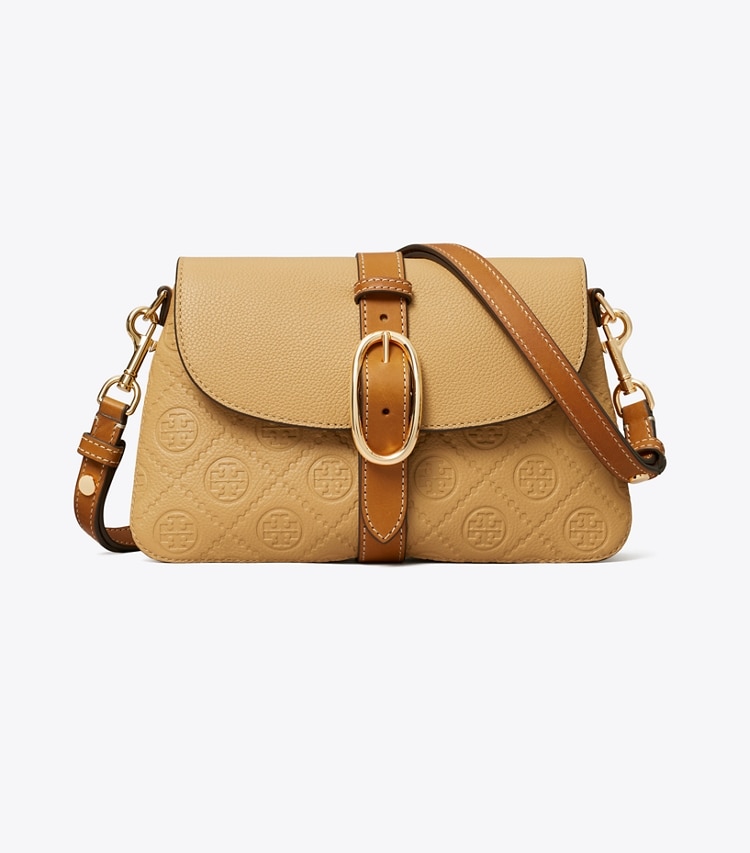 Tory Burch designer shoulder bags T Monogram Pebbled Soft Small Shoulder Bag in Biscotti front