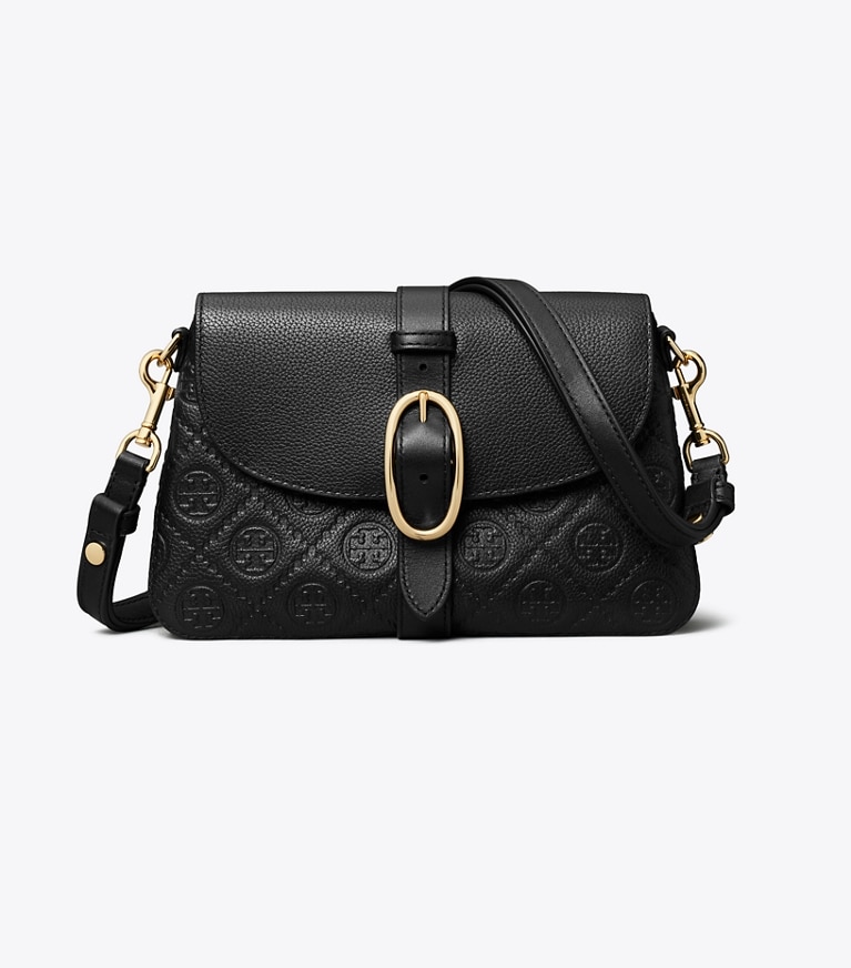 Tory Burch designer shoulder bags T Monogram Pebbled Soft Small Shoulder Bag in BLACK front