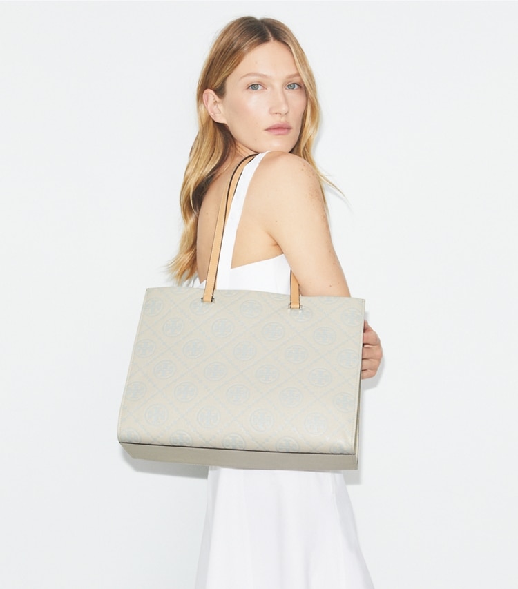Tory Burch designer tote bags T Monogram Pebbled Tote in Light Titanium additional on model