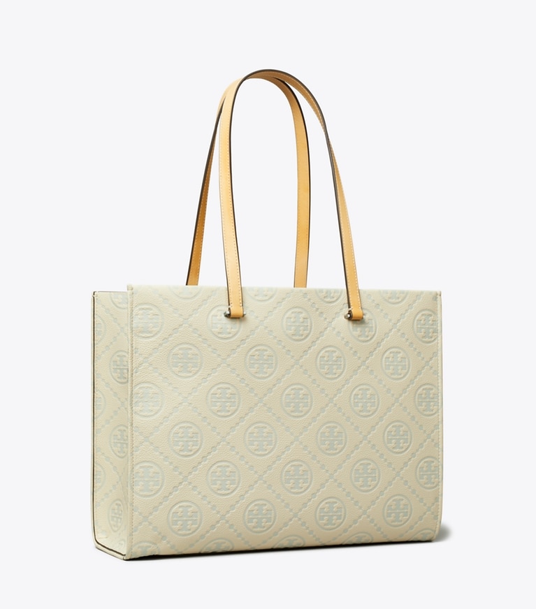 Tory Burch designer tote bags T Monogram Pebbled Tote in Light Titanium angle