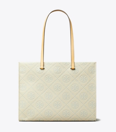 Tory Burch designer tote bags T Monogram Pebbled Tote in Light Titanium front
