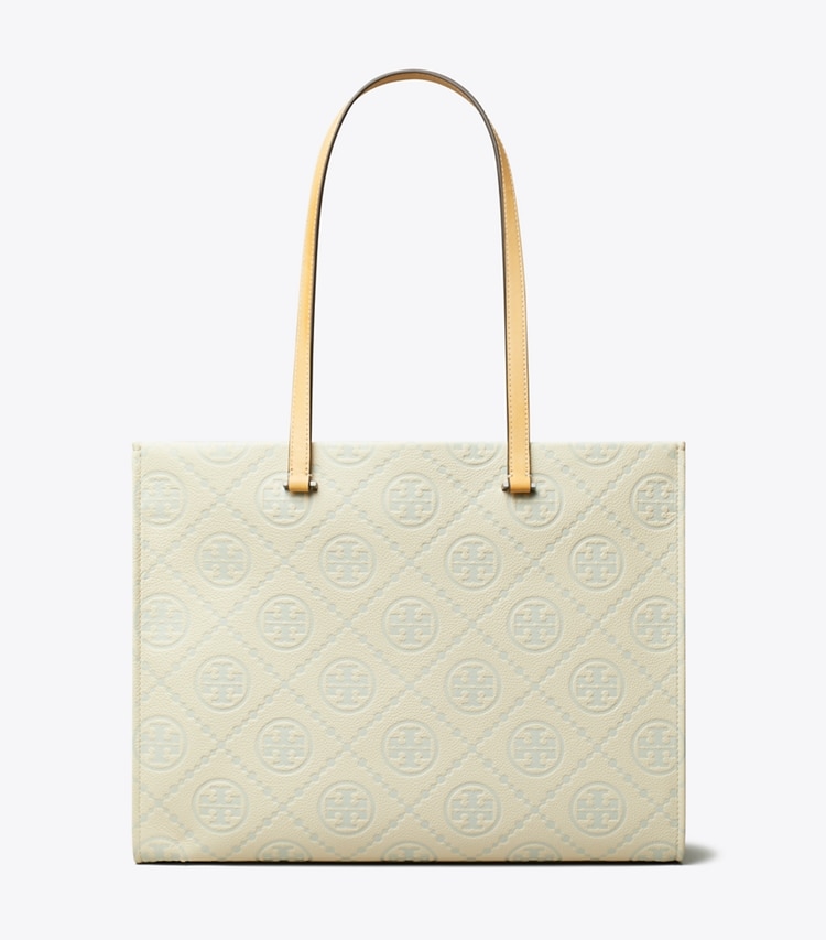 Tory Burch designer tote bags T Monogram Pebbled Tote in Light Titanium front