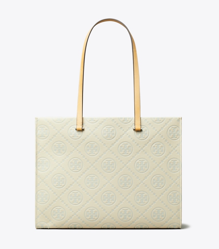 Tory Burch designer tote bags T Monogram Pebbled Tote in Light Titanium front