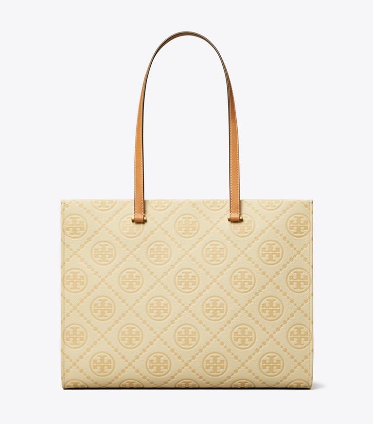 Tory Burch designer tote bags T Monogram Pebbled Tote in Biscotti front