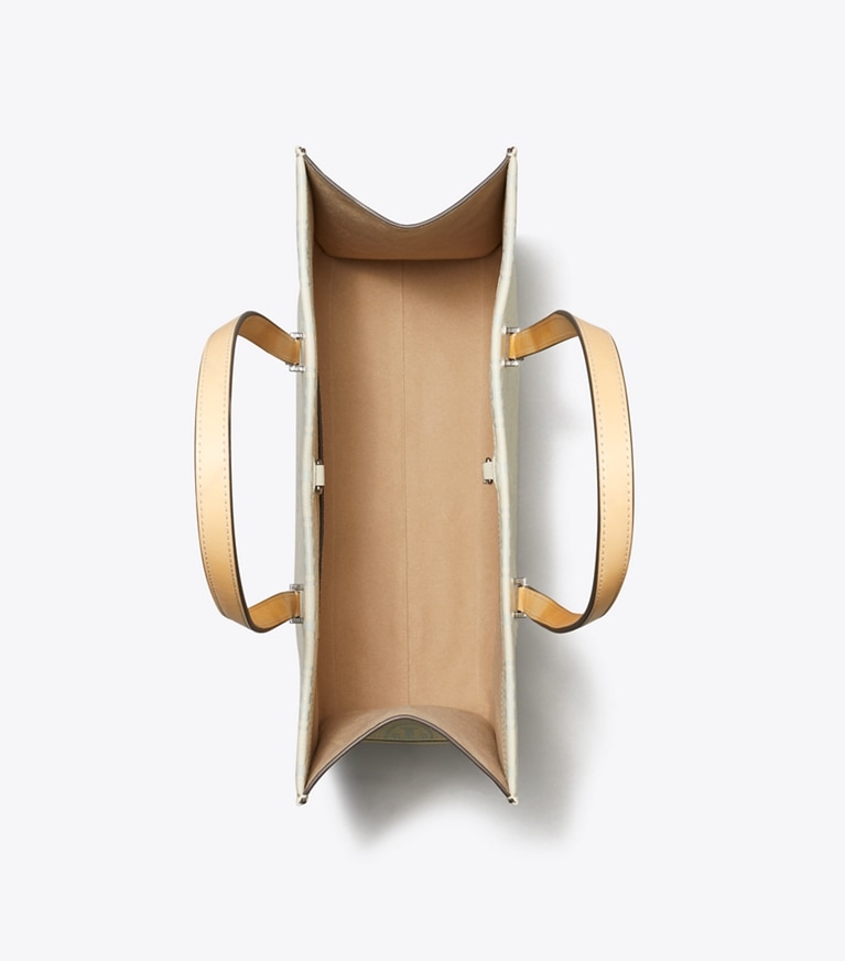 Tory Burch designer tote bags T Monogram Pebbled Tote in Light Titanium overhead