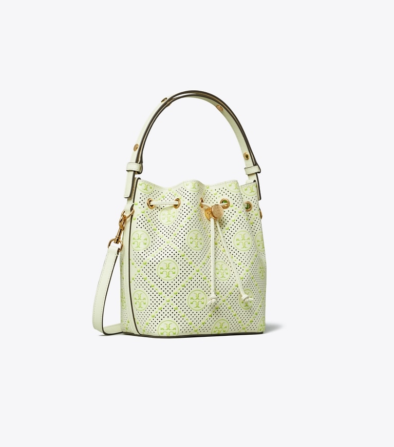 Tory Burch designer クロスボディバッグ Tモノグラム パーフォレート バケットバッグ in New Ivory / Green angle