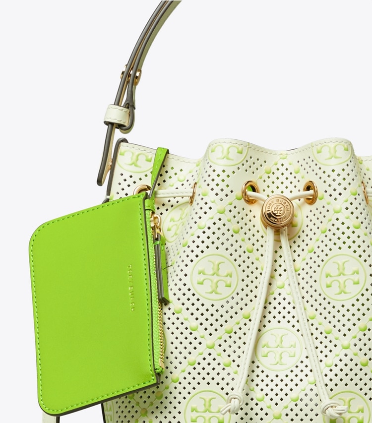 Tory Burch designer クロスボディバッグ Tモノグラム パーフォレート バケットバッグ in New Ivory / Green ディテール