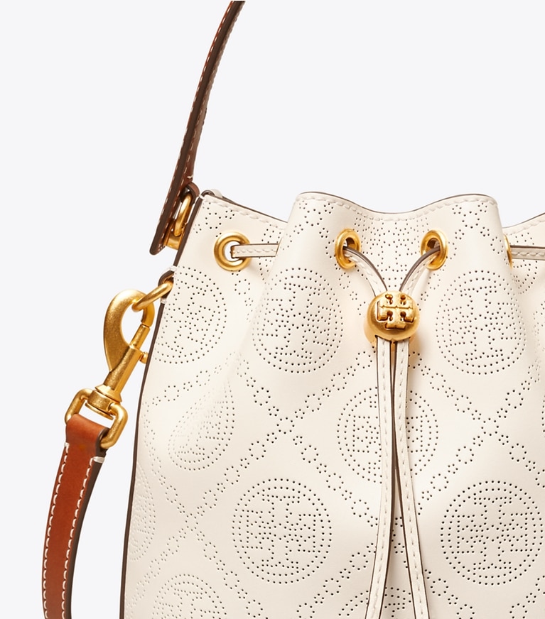 Tory Burch designer crossbody bags T Monogram Perforated Bucket Bag in NEW IVORY angle