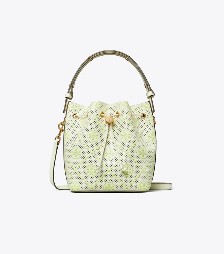 Tory Burch designer クロスボディバッグ Tモノグラム パーフォレート バケットバッグ in New Ivory / Green front