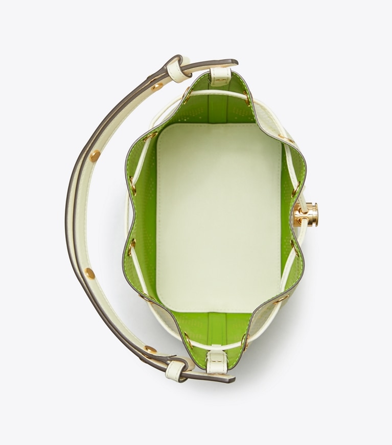 Tory Burch designer クロスボディバッグ Tモノグラム パーフォレート バケットバッグ in New Ivory / Green angle