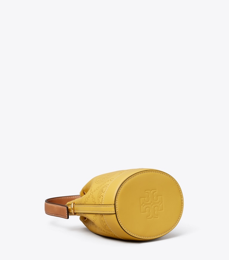 Tory Burch designer crossbody bags T Monogram Perforated Leather Mini Bucket Bag in Golden Sunset angle