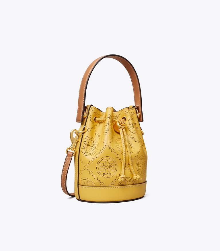 Tory Burch designer crossbody bags T Monogram Perforated Leather Mini Bucket Bag in Golden Sunset angle