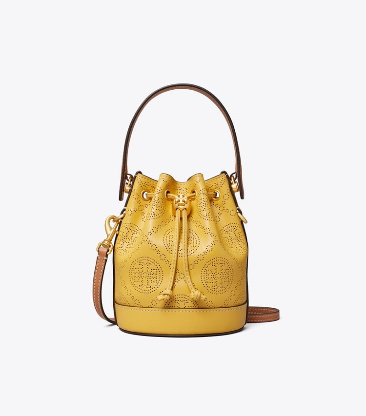 Tory Burch designer crossbody bags T Monogram Perforated Leather Mini Bucket Bag in Golden Sunset front