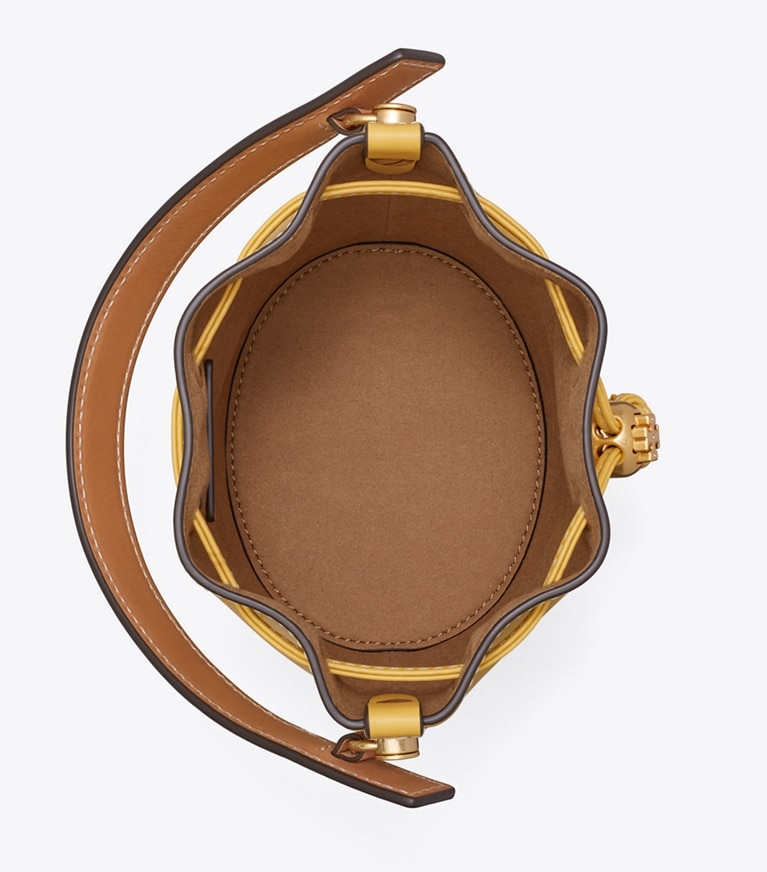 Tory Burch designer crossbody bags T Monogram Perforated Leather Mini Bucket Bag in Golden Sunset angle