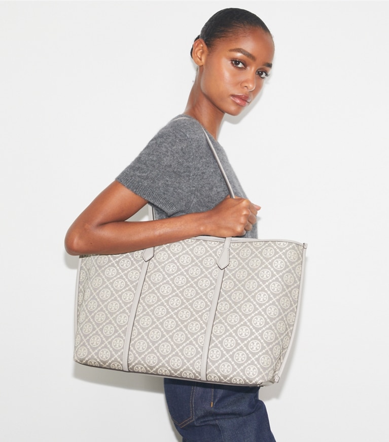 Tory Burch designer tote bags T Monogram Perry Tote in Gray angle