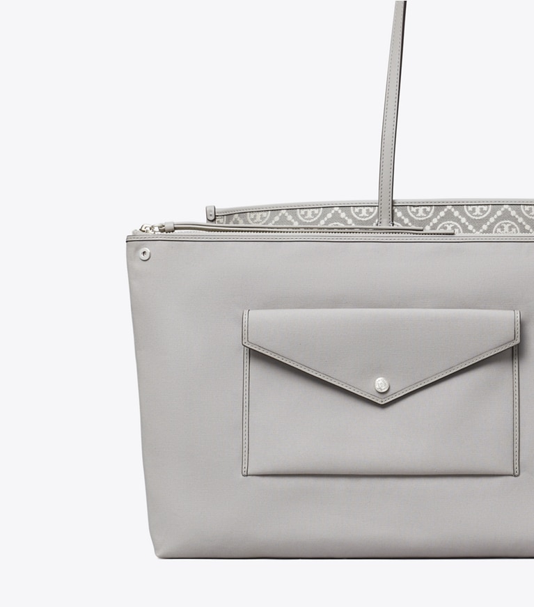 Tory Burch designer tote bags T Monogram Perry Tote in Gray angle