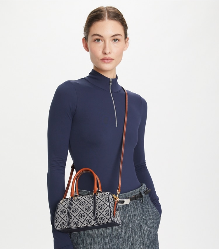 Tory Burch designer crossbody bags T Monogram Petite Barrel Bag in Tory Navy accessory on model