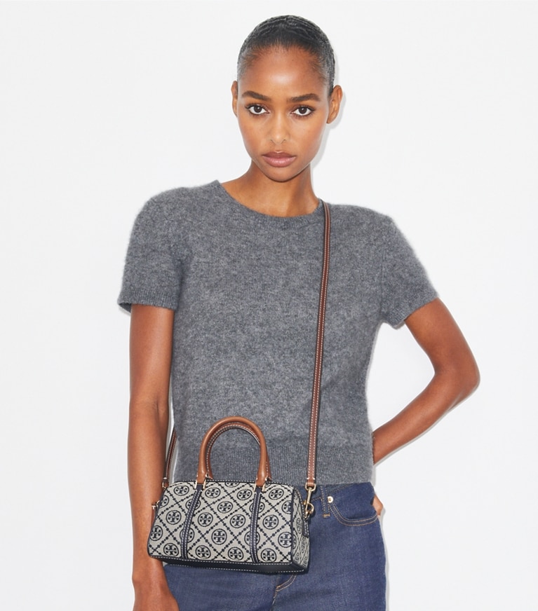 Tory Burch designer crossbody bags T Monogram Petite Barrel Bag in Tory Navy angle