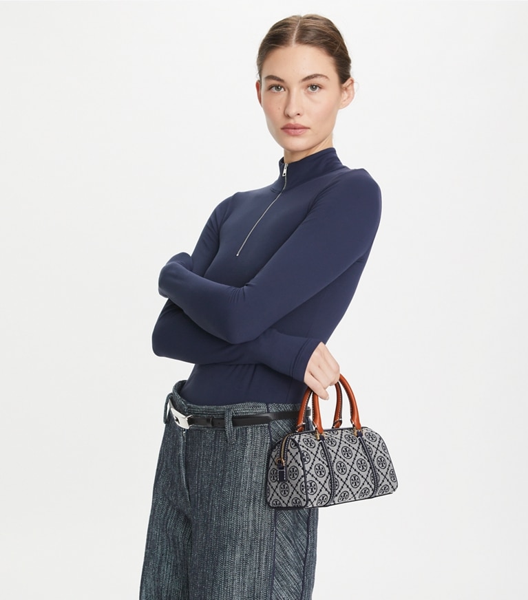 Tory Burch designer crossbody bags T Monogram Petite Barrel Bag in Tory Navy angle