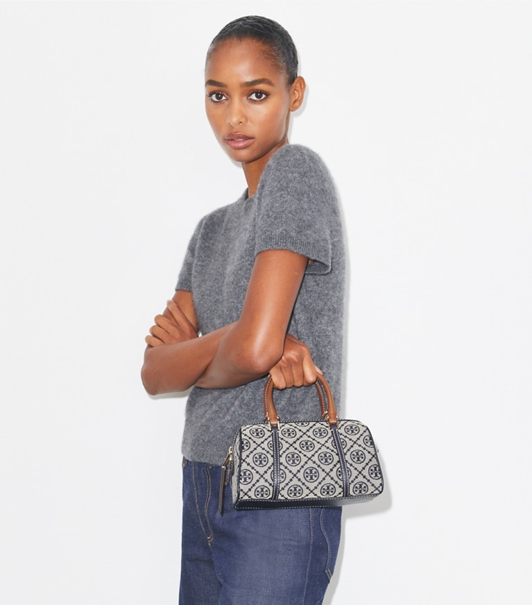 Tory Burch designer crossbody bags T Monogram Petite Barrel Bag in Tory Navy angle