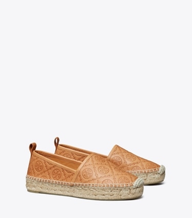 Brown Tory Burch Leather Monogram-print Platform Espadrilles in Blue Womens Shoes Flats and flat shoes Espadrille shoes and sandals 